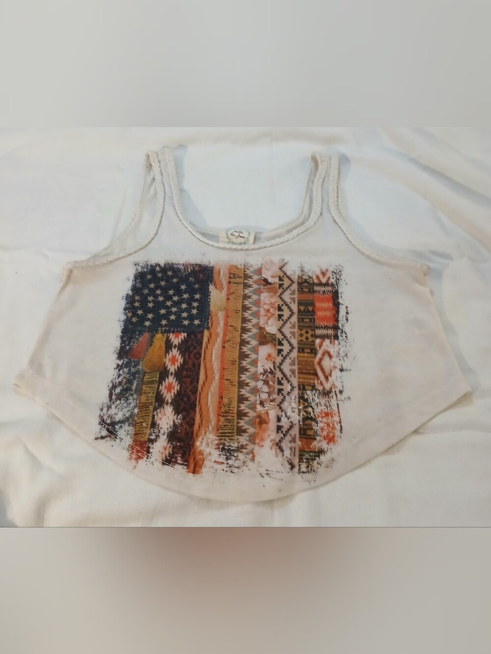 Pre-loved Women's Belle Du Jour White Tank Top w/Navy & Rust Aztec Flag Graphice